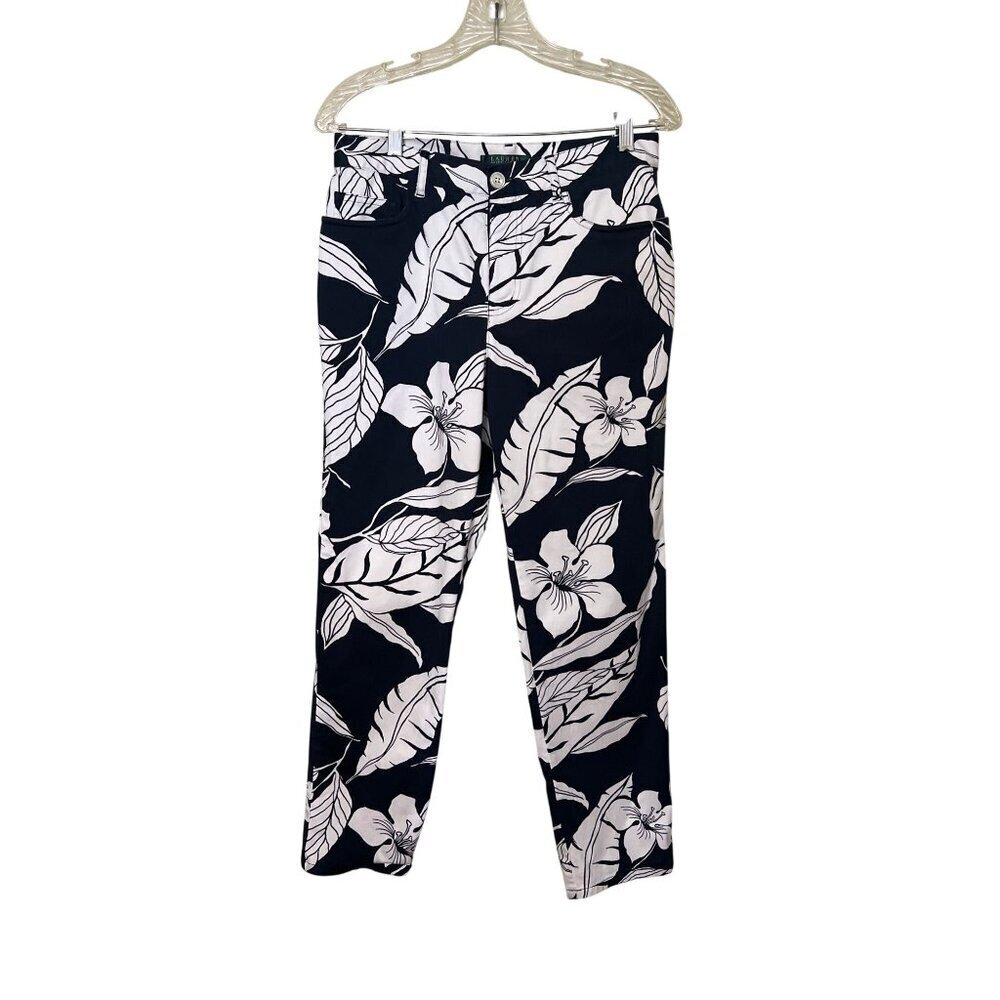 Lauren Ralph Lauren Womens Pants 8 Navy & White Floral Print‎ Stretch Resort